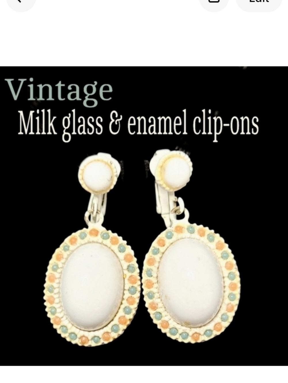 Vintage 1950s Unique Milk Glass & Enamel Drop Clip-On Earrings